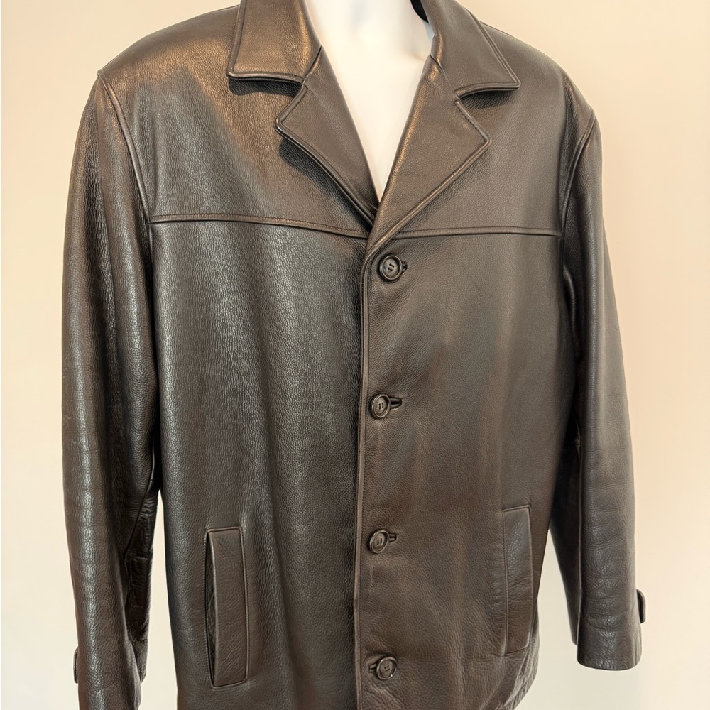 London Fog Men's Genuine Leather Jacket Black Button-Front Classic Size M